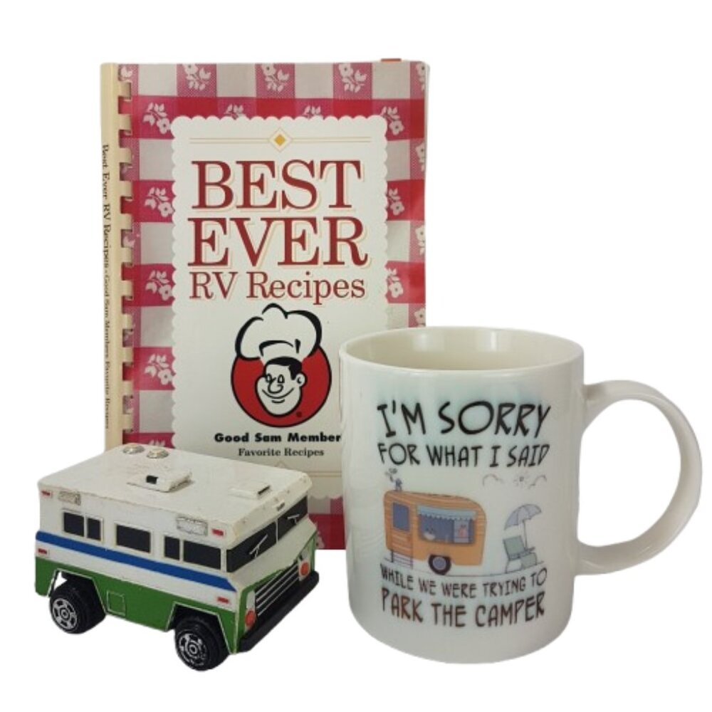 Lot of 3 Best Ever RV Recipes Good Sam Cookbook, Toy RV, Camping Mug Teacup